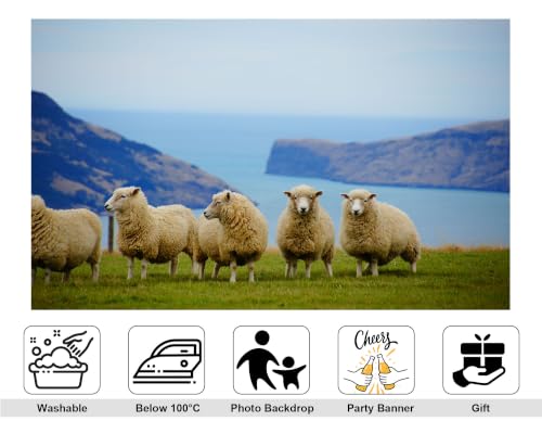10x8ft Fabric Coastal Grassland Backdrop Wool Sheep Ocean Bay Hills Photography Background Tapestry Party Farm Countryside Scenery Decorations Banner Photo Booth Props - size: 10x8ft