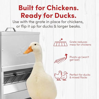 RentACoop 25lb Gravity-Fed Metal Trough Feeder with Lid & Rain Cover - size: 25LB Capacity