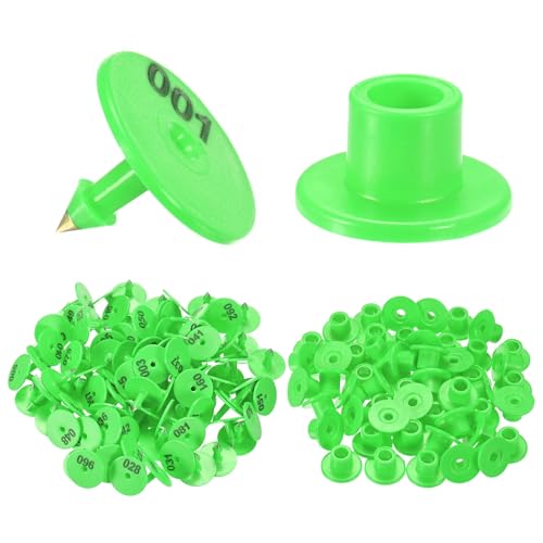 M METERXITY 100-Pack Cattle Ear Tags 001-100 Number, Plastic Round Livestock Ear Tags for Cows/Sheep/Cattle/Pig, Farm Animal Identification Markers [Green] - color: Green