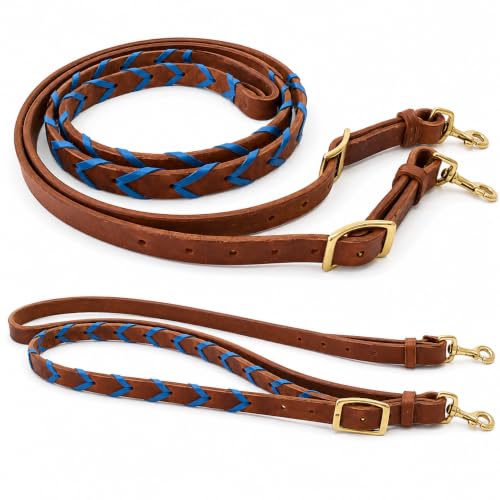 CHALLENGER 8' Horse Western Leather Latigo Laced Barrel Contest Reins 66RT10 - color: Tan Royal Blue