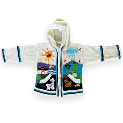 Peruvian Wool Knitted Sweater with hoodie for babies & toddlers, Unisex, Chompas Peruanas, fall winter sweater - color: White and Blue, size: 2