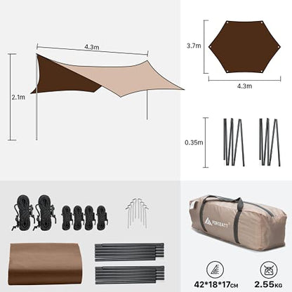 Forceatt 12x14FT Waterproof Camping Tarp with 2 Poles, Sun Shelter for Car, Tent, Hammock in Camping, Hiking, Backpacking, Garden and Traveling - color: Brown & Khaki