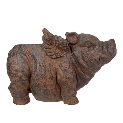 Zeckos Animal Planter, 17 Inch Flying Pig with Distressed Brown Finish | Magnesium Oxide, Drain Hole, 8 by 5 Inch Planting Opening, Indoor or Outdoor Use - color: Pig Wings - Brown