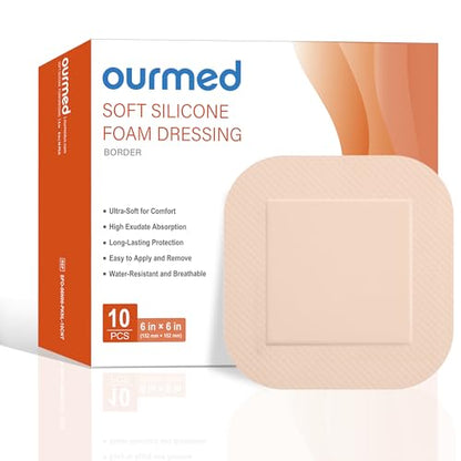 Ourmed Soft Flex Silicone Foam Dressings(6"x 6", Pack of 10) Sterile, Highly Absorbent, Waterproof, Gentle Border, Wound Care for Bed Sores, Pressure Ulcers - size: 6x 6 Inch with border