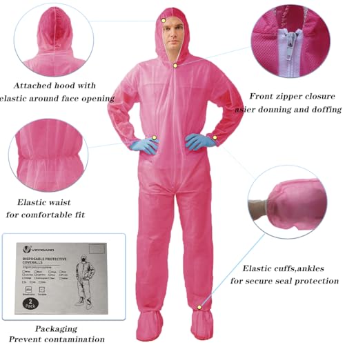 Hazmat Suits,10 Colors Options Disposable Protective Coveralls, Paint Suit with Elastic Wrists Ankles and Hood - color: 2 Pack Pink, size: XX-Large