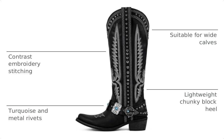 Yolkomo Cowboy Boots for Women Knee High Western Cowgirl Boots with Embroidery Belt Buckle Chains - color: Black, size: 11