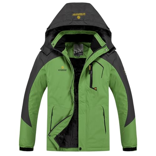 Men's Winter Ski Jacket Warm Fleece Waterproof Outdoor Mountain Hiking Windbreaker Hooded Snow Rain Coat - color: Green, size: Small