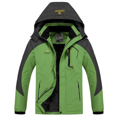 Men's Winter Ski Jacket Warm Fleece Waterproof Outdoor Mountain Hiking Windbreaker Hooded Snow Rain Coat - color: Green, size: Large