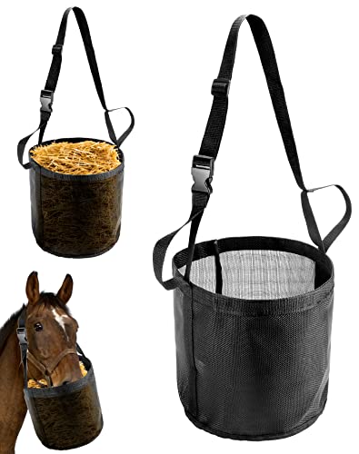 QWORK 2 Pack Horse Feed Bag for Grain - Durable Mesh Grain Feeder with Adjustable Strap, Comfortable Neck and Nose Pad Horse Muzzle Feed Bag, for Feeding Grain, Powder, Supplements