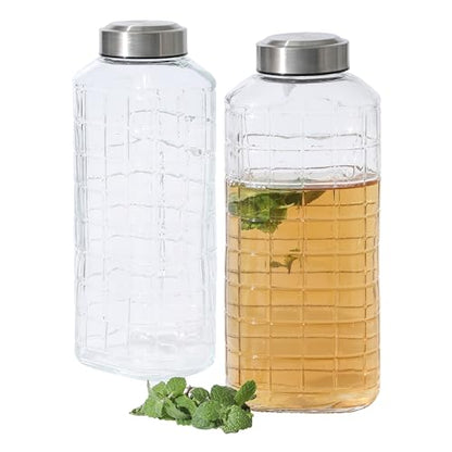 Gibson Home Whistler Peak 2 Pack 64 OZ (1.9 Liters) Large Embossed Reusable Glass Bottles w/Airtight Leakproof Stainless Steel Lid, Pitcher for Water, Milk, Juice - Dishwasher Safe - color: Whistler Peak (64oz), size: 64 Ounces