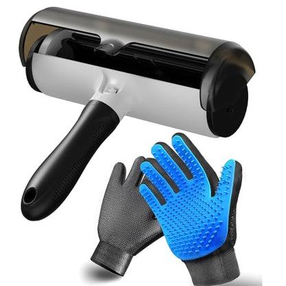 NVNAN Pet Hair Remover Roller and Grooming Glove Set for Dogs & Cats | Reusable roller tackles pet hair on furniture, and clothes, while the grooming glove helps brush dogs and cats - color: Hair removal roller + gloves