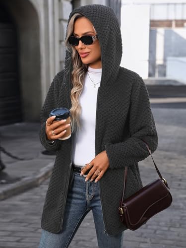 Vipwest Womens Fleece Jacket Hooded Winter Warm Full Zip Long Sleeve Sherpa Jacket Coat Outerwear with Hood (S-5XL) - color: Black Grey Dot, size: Small