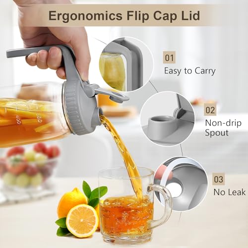 Creamer Pitcher Jar with Lid - 2 Pack No Leak 32oz Airtight Mason Jar with Pour Spout Lid, Classic Wide Mouth Jug Easy to Clean, Ideal for Coffee, Breastmilk, Iced & Sun Tea, Juices - color: Gray, size: 1 Quart