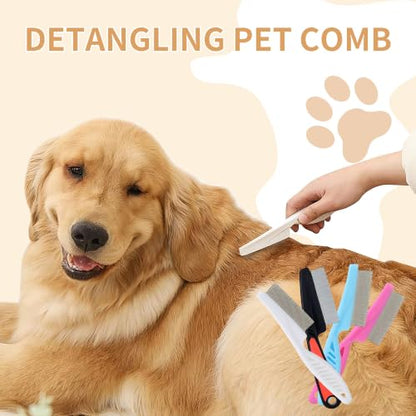 4-Pack Pet Flea Comb for Dogs & Cats - Fine Tooth Stainless Steel Grooming Comb with Non-Slip Rubber Handle, Effectively Removes Fleas, Mats & Tear Stains (Black, Blue, White & Pink)