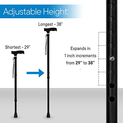 RMS Walking Cane - Adjustable Walking Stick - Lightweight Aluminum Offset Cane with Ergonomic Handle and Wrist Strap - Ideal Daily Living Aid for Limited Mobility - color: Black