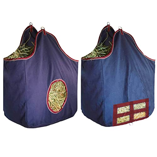 Derby Originals Large 24 OZ Canvas Horse Hay Bag 2 Sided Combo Design X Wide Gusset and 6 Month Warranty - color: Navy/Burgundy