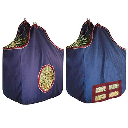 Derby Originals Large 24 OZ Canvas Horse Hay Bag 2 Sided Combo Design X Wide Gusset and 6 Month Warranty - color: Navy/Burgundy