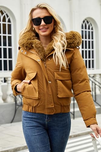 Winter Coats for Women Thickened Puffer Jacket with Detachable Fur Hood Winter Warm Parka Puffer Coat - color: Coffee, size: Medium