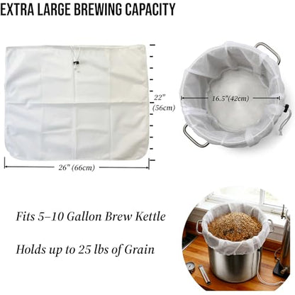 5 Pack BIAB Brewing Bag, 26" x 22", 250 Micron Reusable Fine Mesh Brew Bags with Reinforced Stitching & Drawstring, Heavy Duty Nylon Straining Bag for All Grain Home Brewing & Beer Wine Cider - size: 5Pack 26" X 22"