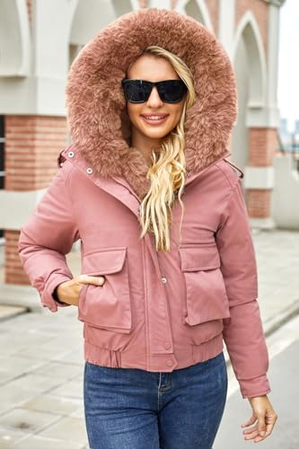 Winter Coats for Women Thickened Puffer Jacket with Detachable Fur Hood Winter Warm Parka Puffer Coat - color: Pink, size: XX-Large