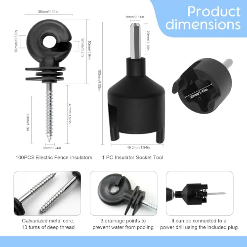 100Pack Black Electric Fence Ring-Head Insulators Self-Tapping Screws