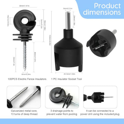 100Pack Black Electric Fence Ring-Head Insulators Self-Tapping Screws