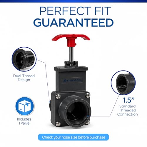 FibroPool Gate Valve - Dual Threaded Shut-Off - 1.5 in - Plastic | Above Ground Pool, 2 Ports, Male And Female Ends, Slide Mechanism, Weather Resistant, Pump And Skimmer Isolation - size: 1 1/2 inch