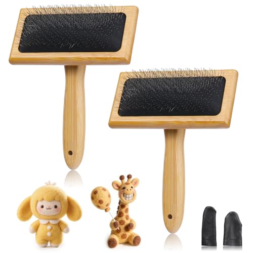 2 Pcs Large 6.1" x 4.8"Wooden Hand Wool Carders for Needle Felting | Wool Carding Brushes with Finger Cots, Smooth Wooden Handle for Wool Felting, Hand Spinning And Pet Grooming - color: Wooden Wool Carders