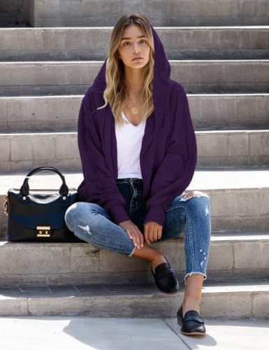 Zilcremo Women Hooded Cardigan Open Front Fuzzy Jacket - color: Purple, size: Medium
