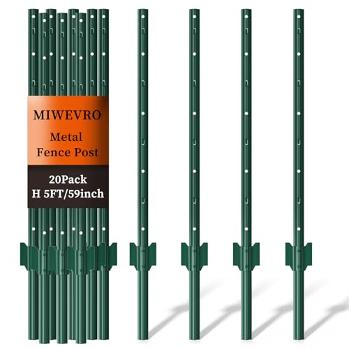 Metal Garden Fence Posts– Heavy Duty U-Post for Wire Fencing, 5 FT Green | 20 Pack No-Dig Fence Stakes for Temporary Fencing, Corner Anchor Posts, Rustproof Powder-Coated Steel for Farm, Yard & Garden - color: Green, size: 5FT-20P