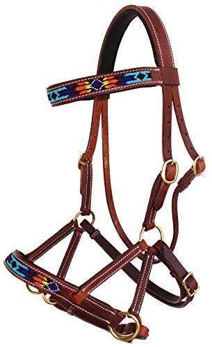 CHALLENGER Horse Western Leather Tack Beaded Bitless Sidepull Bridle Reins Brown 77RS16 - color: Tan/Beaded