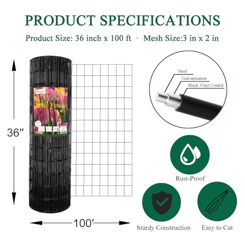 Black PVC Coated Welded Wire Fence 36" x 100' Roll, 2"x3" Mesh, 16 Gauge - color: Black, size: 2''x3'' 16GA 36''x100'