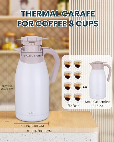 GiNT 1.9L / 64Oz Thermal Coffee Carafe, Insulated Stainless Steel Coffee Carafes for Keeping Hot/Double Walled Vacuum Thermal Carafe (White) - color: White, size: 64.2 Ounces