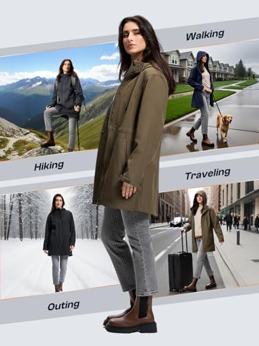 SaphiRose Women's Waterproof Rain Jacket with Fleece Lining Hooded Windbreaker Long Warm Outdoor Softshell Coat - color: Olive Green, size: Medium