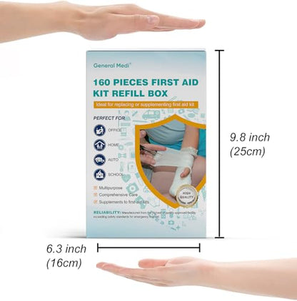 General Medi 160 Piece First Aid Kit Bag Refill Kit - Includes Instant Cold Pack, Bandages,Emergency Blanket, Moleskin Pad, Gauze - Extra Replacement Medical Supplies for First Aid