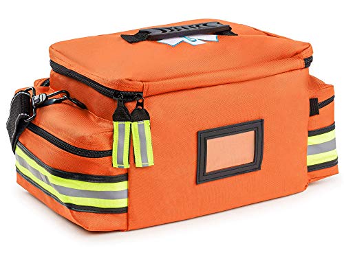 Scherber First Responder Fully-Stocked Professional Essentials EMT/EMS Trauma Kit | HSA/FSA Approved | Reflective Bag w/8 Zippered Pockets & Compartments & 200+ First Aid Supplies - Orange - color: Orange