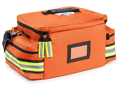 Scherber First Responder Fully-Stocked Professional Essentials EMT/EMS Trauma Kit | HSA/FSA Approved | Reflective Bag w/8 Zippered Pockets & Compartments & 200+ First Aid Supplies - Orange - color: Orange