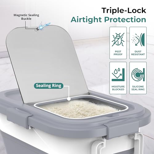 Collapsible Rice Storage Container 25–35 lbs, Airtight, Space-Saving Food Storage Bin with Wheels and Measuring Cup, Easy-Pour Grain Dispenser for Rice, Flour and Pet Food