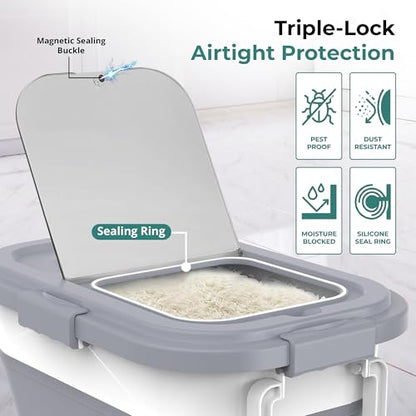 Collapsible Rice Storage Container 25–35 lbs, Airtight, Space-Saving Food Storage Bin with Wheels and Measuring Cup, Easy-Pour Grain Dispenser for Rice, Flour and Pet Food