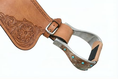 Western 6" Wide Copper Engraved Feather Turquoise Stone Bell Stirrups 51257
