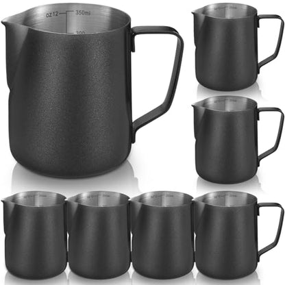 Honeydak 6 Pcs Milk Frothing Pitcher 304 Stainless Steel Steaming Pitchers for Coffee Bar Cappuccino Barista Tools Milk Jug Steamer Frother Cup (12 oz) - color: Black, size: 12 oz