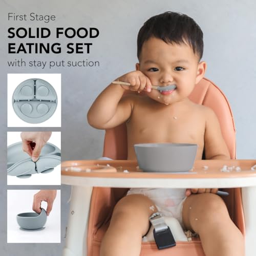 Silicone Baby Feeding Set Moon Gray Infant Tableware Collection with Bib Suction Bowl Utensils Straw Cup Snack Container - color: Moon Gray