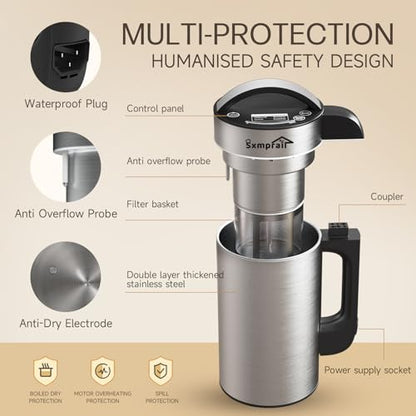 50oz Almond Milk Maker Machine (Built-in Strainer Filter) Make Plant Based Milk, Soup & Juice, 6-7 Cups Per Batch, 304 Stainless Steel, 5.3 lb, Automatic Cleaning, 8-IN-1 Nut Milk Maker for Soy & Oat