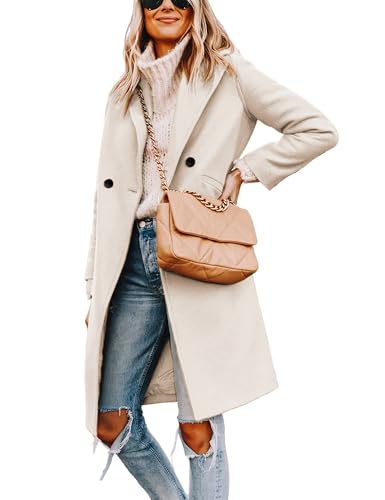 Women's Winter Wool Coat Casual Notch Lapel Single-Breasted Peacoat - color: Beige, size: X-Small