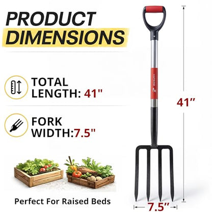 Digging Spading Fork Forged Steel with D Grip Handle 41” Premium 4-Tine Spading Digging Fork Sturdy Metal D-Grip Multi-Purpose Virtually Unbreakable Gardening Tool