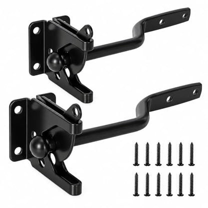 RHBLME 2 Pack Gate Latch for Wooden Fence, Gravity Self Locking Black Door Lock Heavy Duty Wood Metal Door Hardware Kit Stainless Steel Latches Automatic Closing for Outdoor Garden Yard Pool