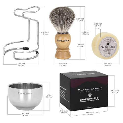 Shaving Brush Kit for Men, 4 in 1 Shaving Brush Set Includes Pure Badger Shaving Brush, Shaving Soap and Stainless Steel Shaving Bowl & Stand for Men’s Barber Shave Gift - color: Wood-A
