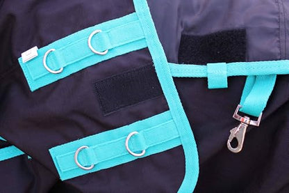 CHALLENGER 1200D Turnout Waterproof Rain Light-Weight Sheet Horse Blanket - color: Black/Turquoise Trim, size: 70"