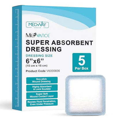 MedVance Super Absorbent Wound Dressing, Non-Adhesive Pads, 6"x6", Box of 5 | Sterile And Individually Wrapped - Non-Stick Wound Bandages - Super Soft - Highly Absorbent & Lock Exudate - Leakproof - size: 6"x6", style: 5 Pack
