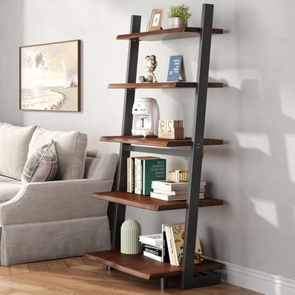 IBF 5-Tier Solid Wood Ladder Bookshelf with Natural Live Edge - size: 5-Tier